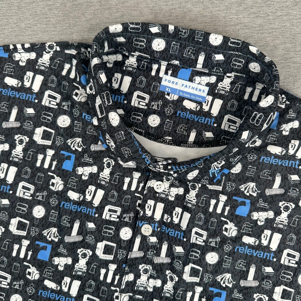 Fore Fathers Polo Shirt Mens XL Industrial Graphic Black Blue Tech Performance